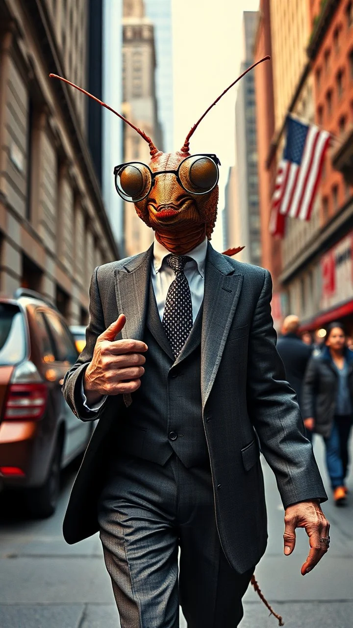 The cockroach warning a glasses and a tie and a suite holding a back in his hand and walking In new York street Wall Street area