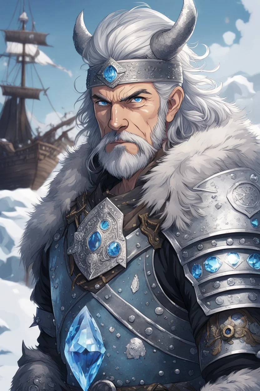 in anime style,1older man, a older man with blue eyes and black hair man in silver Viking armor with fur around the neck with blue crystal on his chest holding an axe in his hands standing on a pirate ship in the artic, warrior in anime style,