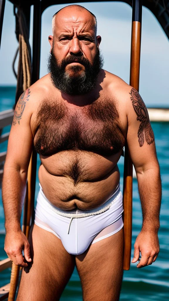 photography of a burly marocan fisherman sunbathing sitted in a fisher wooden boat, in little white french briefs, tattoo, manly chest, ugly, 54 years old, bullneck, white long beard, bald, muscular chubby, angry eyes, photorealistic, Canon EOS, 8k