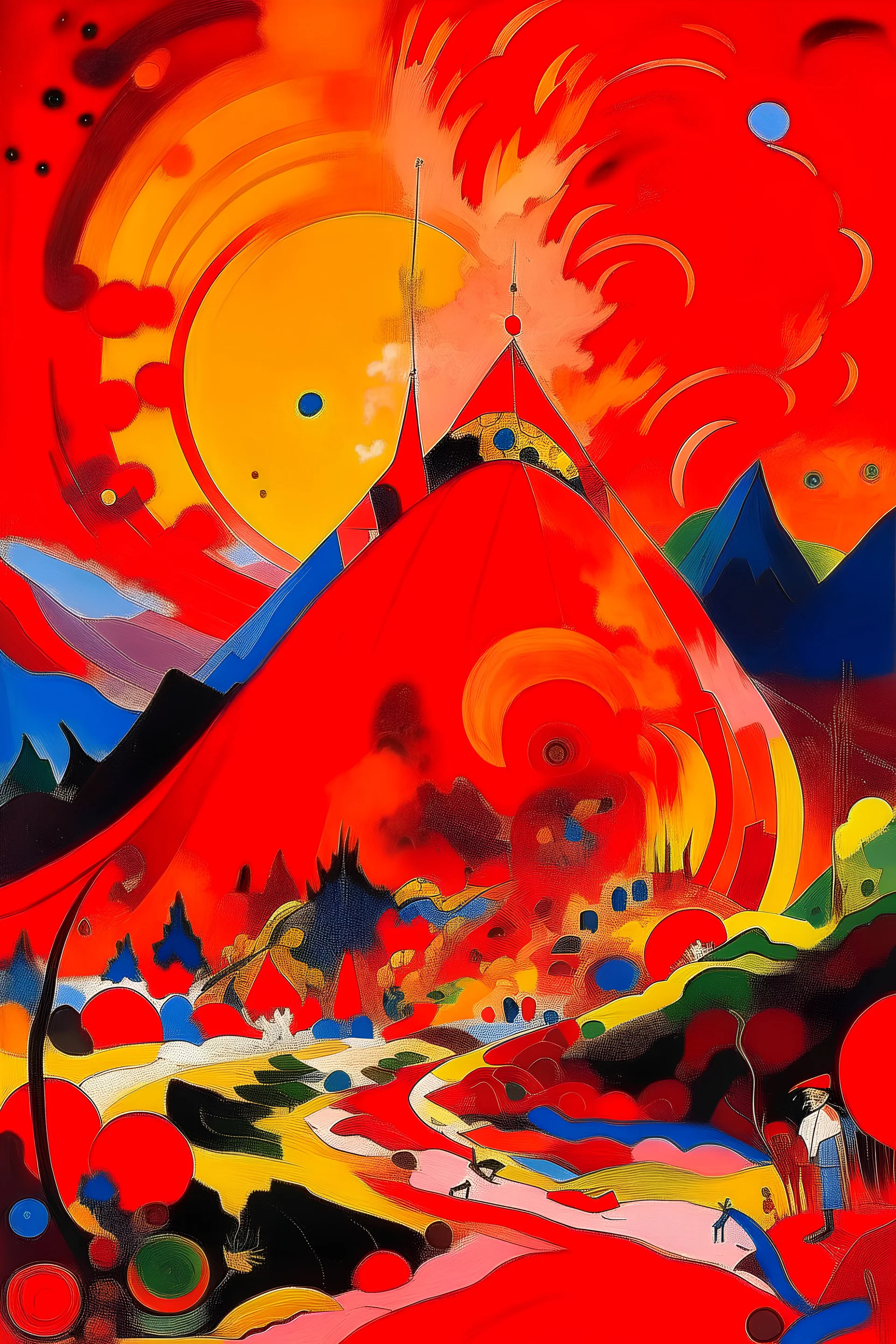 A red volcano with chaotic fire painted by Wassily Kandinsky