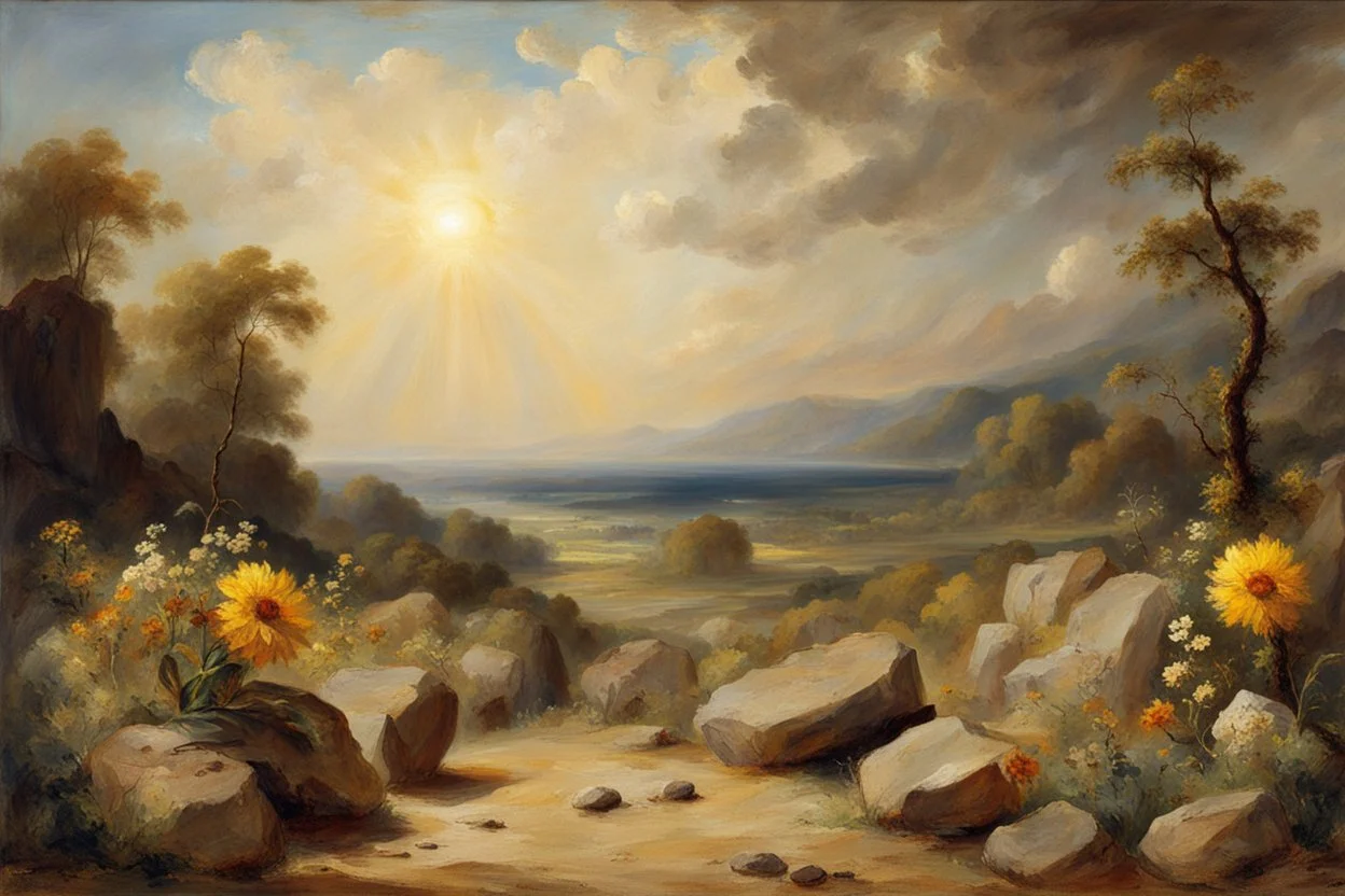 sunny day, clouds, rocks, trees, mountains, flowers, william turner paintings