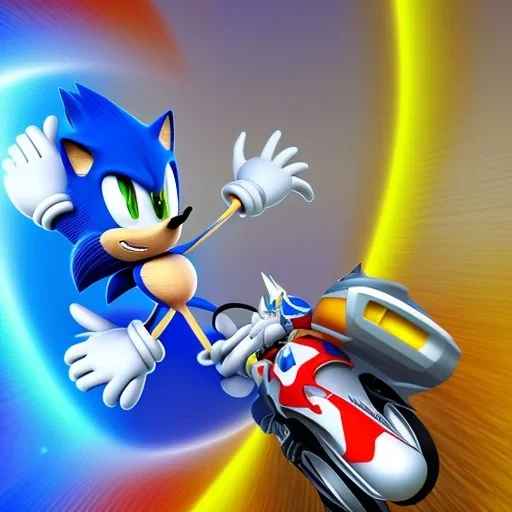 Sonic the hedgehog riding a motorcycle across a rainbow