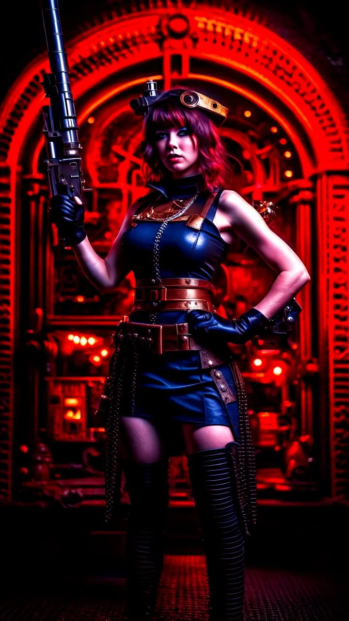 Full Body Photo Of A Steampunk Burlesque Woman With Straight Hair And A Fringe Hairstyle, Holding A Laser Gun, Sci-Fi Steampunk Background