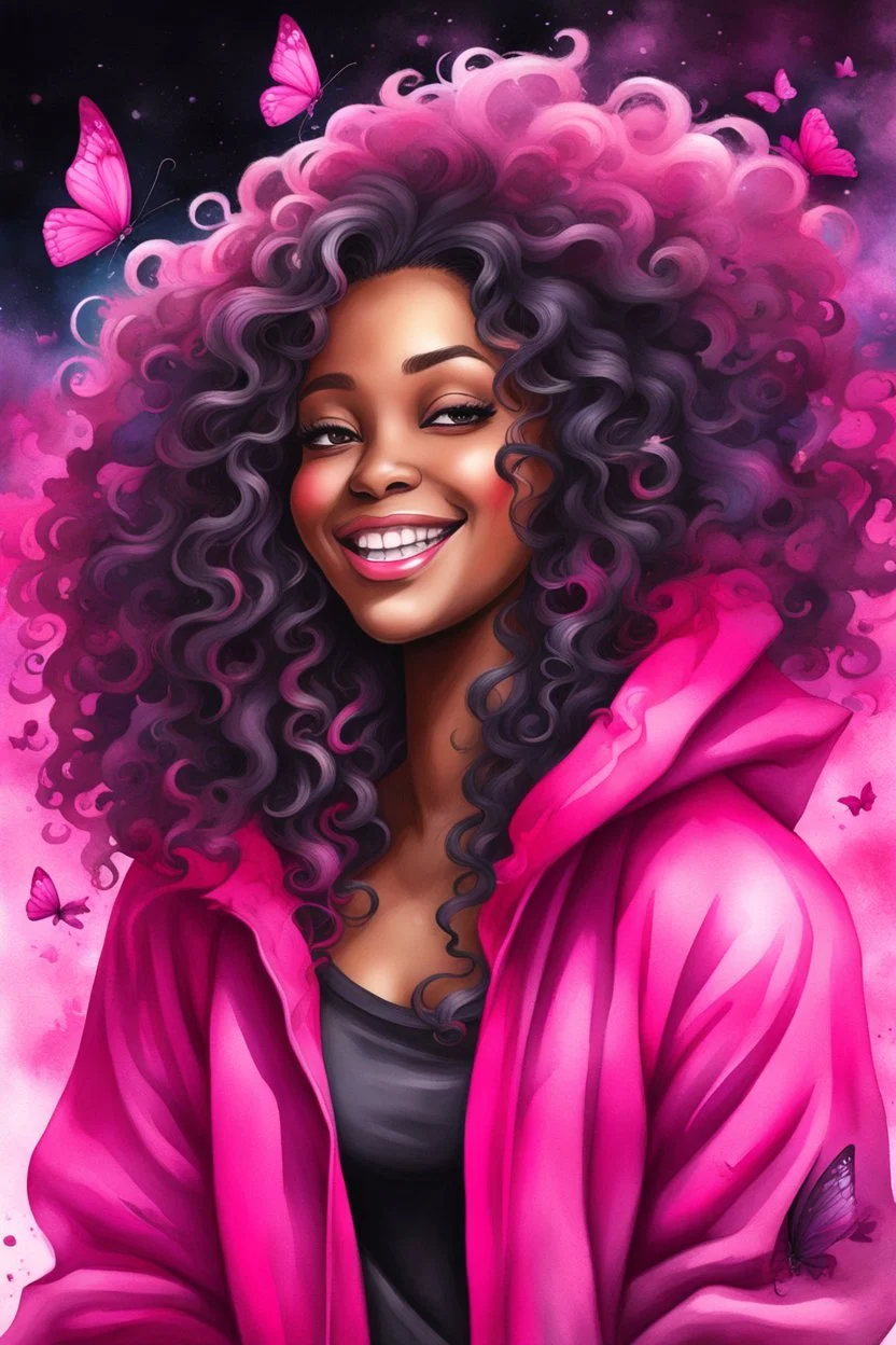 vibrant watercolor painting image, airbrush, 48k, cartoon art image of a black curvy female looking to the side smiling with a large mane of curly ombre hair flowing through the wind while she has a hot pink hoodie on, prominent makeup with hazel eyes, highly detailed hair, background hot pink and BLACK BUTTERFLIES surrounding her, dystopian charcoal