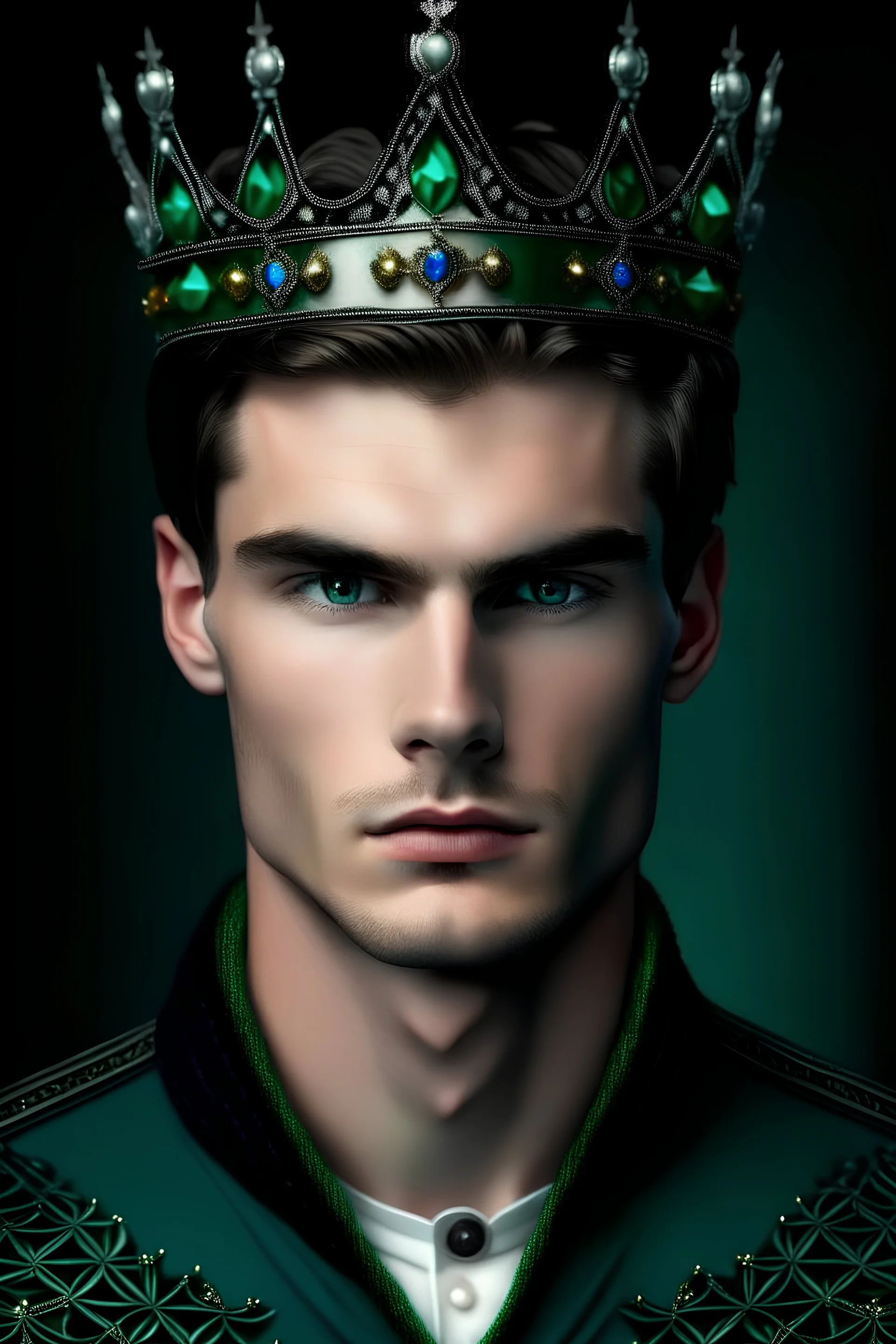 Handsome man with black hair and blue eyes, wearing a silver crown with emerald gem