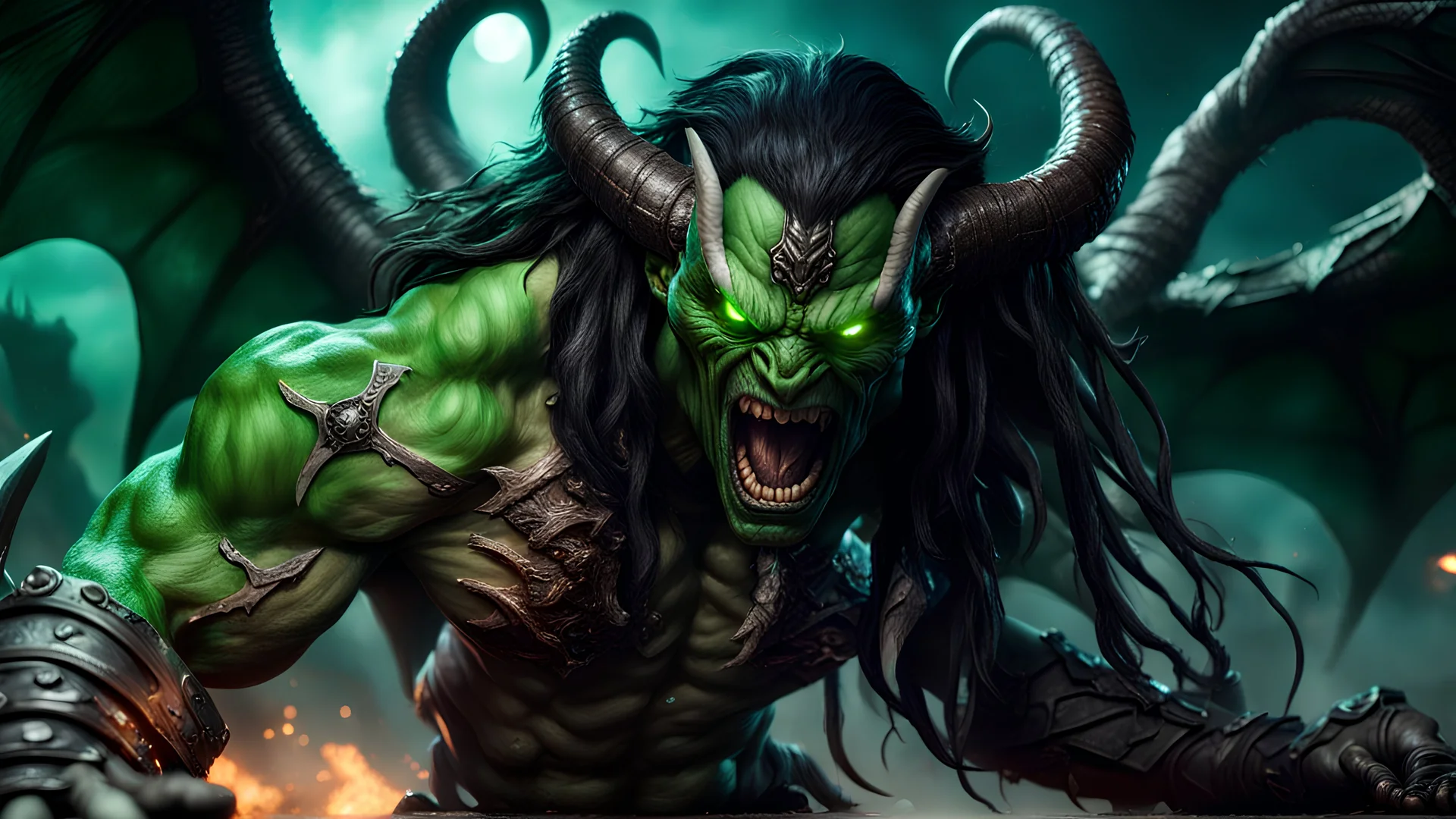 fantasy realism art , illidan from world of warctaft versus the predator , extra shot ,8k mega detailed