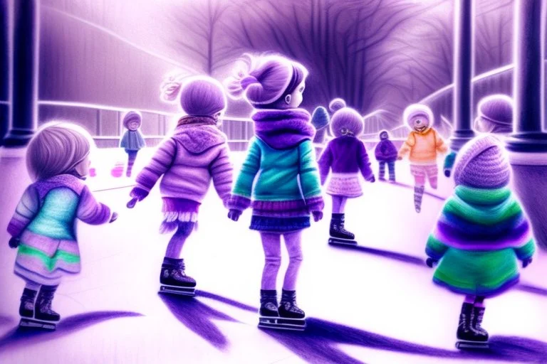 pencil drawing, pastel colours, in the foreground we see a purple knitted scarf falling on the ice, in the background cute cjibi children are skating happily in sunshine, ethereal, cinematic postprocessing, bokeh, dof