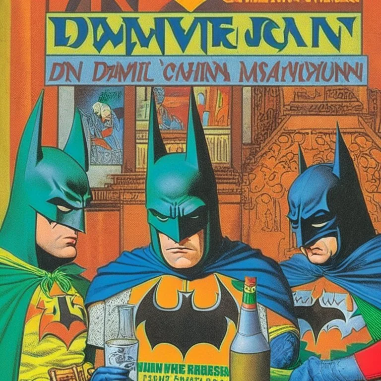 A 1980 medieval comic cover of a dark universe masonic sad drunk batman cosplay convention, green batman, orange batman, cyan batman, white batman.