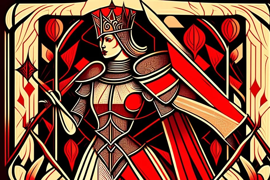 Stylized knight queen, In the style of Tarot and Art Deco, Red colours