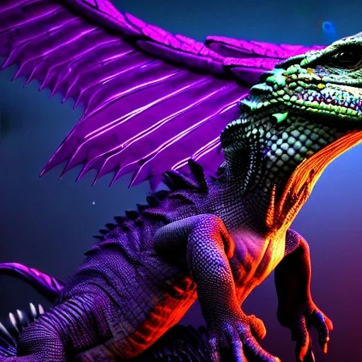 reptile like creature, wings, feathers, ultraviolet dimension, epic, big, beautiful, attractive, colourful, carnivore, deep colours, 8k resolution, dynamic lighting,ultra hyperdetailed, intricately detailed, Unreal Engine 5