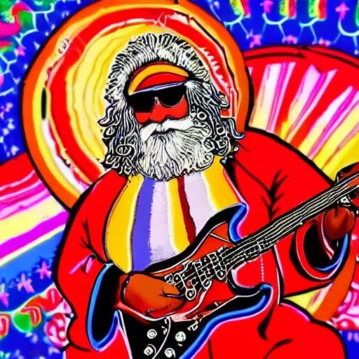 hippie Santa playing electric guitar psychedelic peace sign, MUSHROOMS