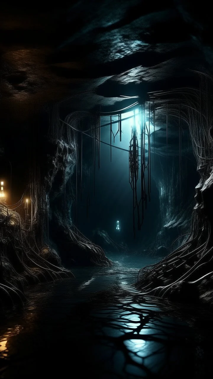 Si-Fi, The cave of Batman atmospheric lighting effects, intricate industrial details, moody atmosphere, eerie grimdark ambiance, complex motherboard accents, speculative fiction art. Bokeh