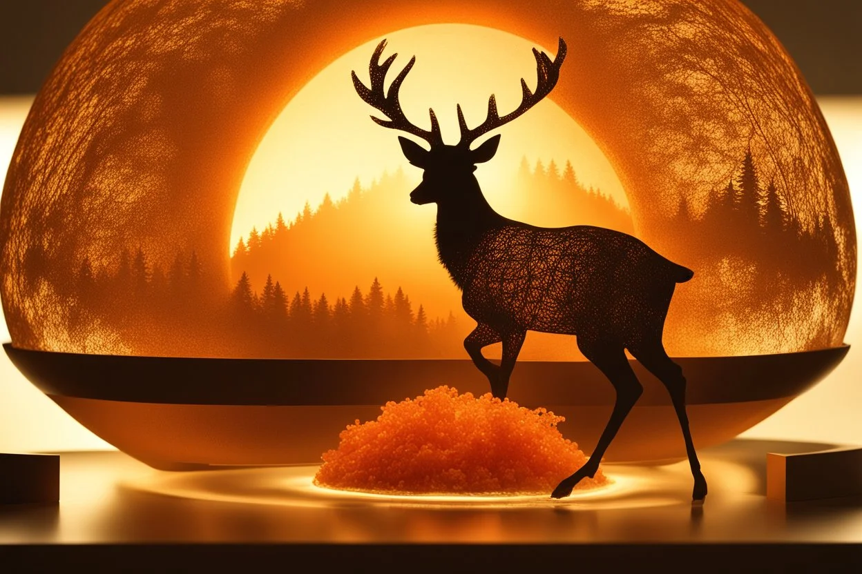 a globe made of glowing orange-red salt material covered in gold lace, about 60% of which is visible, with a glowing light inside, double exposure, in the foreground a black silhouette of a deer jumping dynamically, in the background a landscape with a beautiful forest and a waterfall in the sunlight