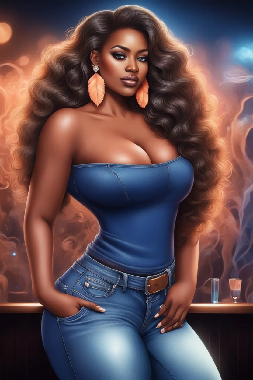 create an airbrush illustration of a curvy black female wearing Tight blue jeans and a peach off the shoulder blouse. Prominent make up with long lashes and hazel eyes. She is wearing brown feather earrings. Highly detailed long black shiny wavy hair that's flowing to the side. Background of a night club.