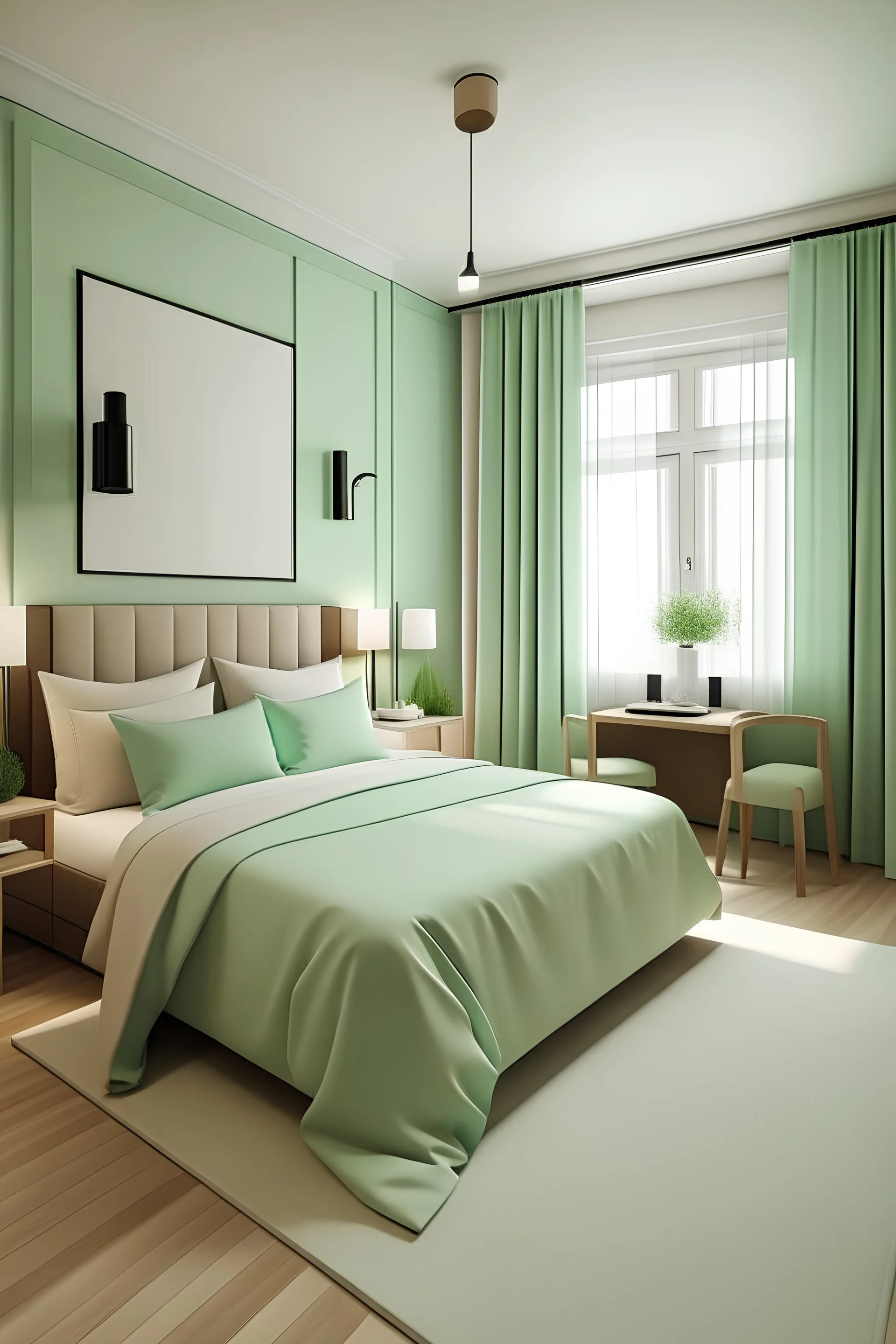Cozy modern Large bedroom with King sized bed with side table with lamps. Cream and mint green background. Couch on the side. Study table. Light brown cabinets for clothes. Vanity near the restroom.
