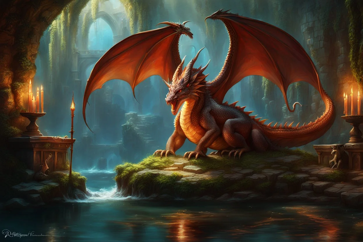 a fantasy scene with a big relaxed dragon drinking water in a medieval fantasy style like Marc Simonetti. fantasy concept art, exquisite realism, a masterpiece, dynamic lighting, hyper detailed, intricately detailed, deep color, Unreal Engine, volumetric lighting , Epic cinematic brilliant stunning intricate meticulously detailed dramatic atmospheric maximal,