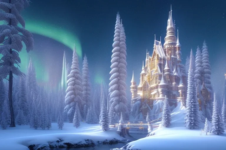  white and gold crystal castle，waterfall, winter snow flakessnow, northern Lights, full of details, smooth, bright sunshine，soft light atmosphere, light effect，vaporwave colorful, concept art, smooth, extremely sharp detail, finely tuned detail, ultra high definition, 8 k, unreal engine 5, ultra sharp focus