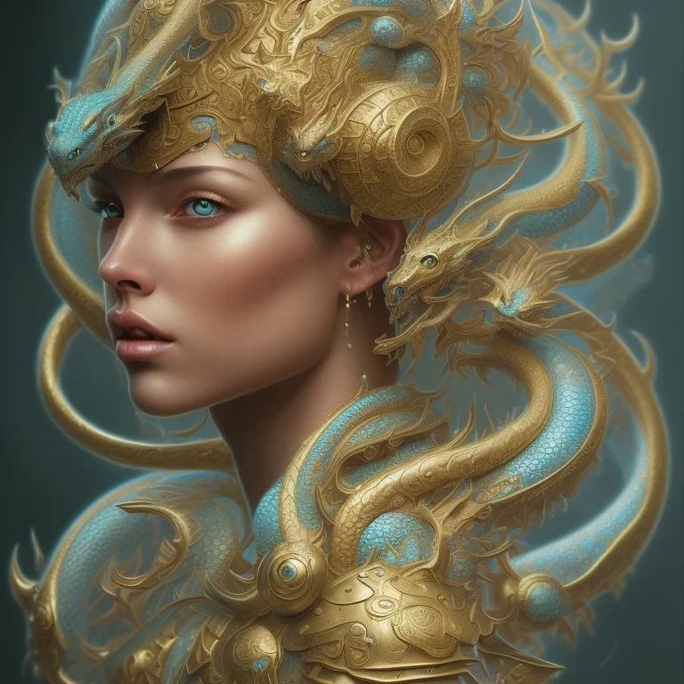 sango fantasy, fantasy magic, intricate, sharp focus, illustration, highly detailed, digital painting, concept art, matte, artgerm and paul lewin and kehinde wiley, masterpiece silver dragon head golden African nice breast Afo woman turquoise waves