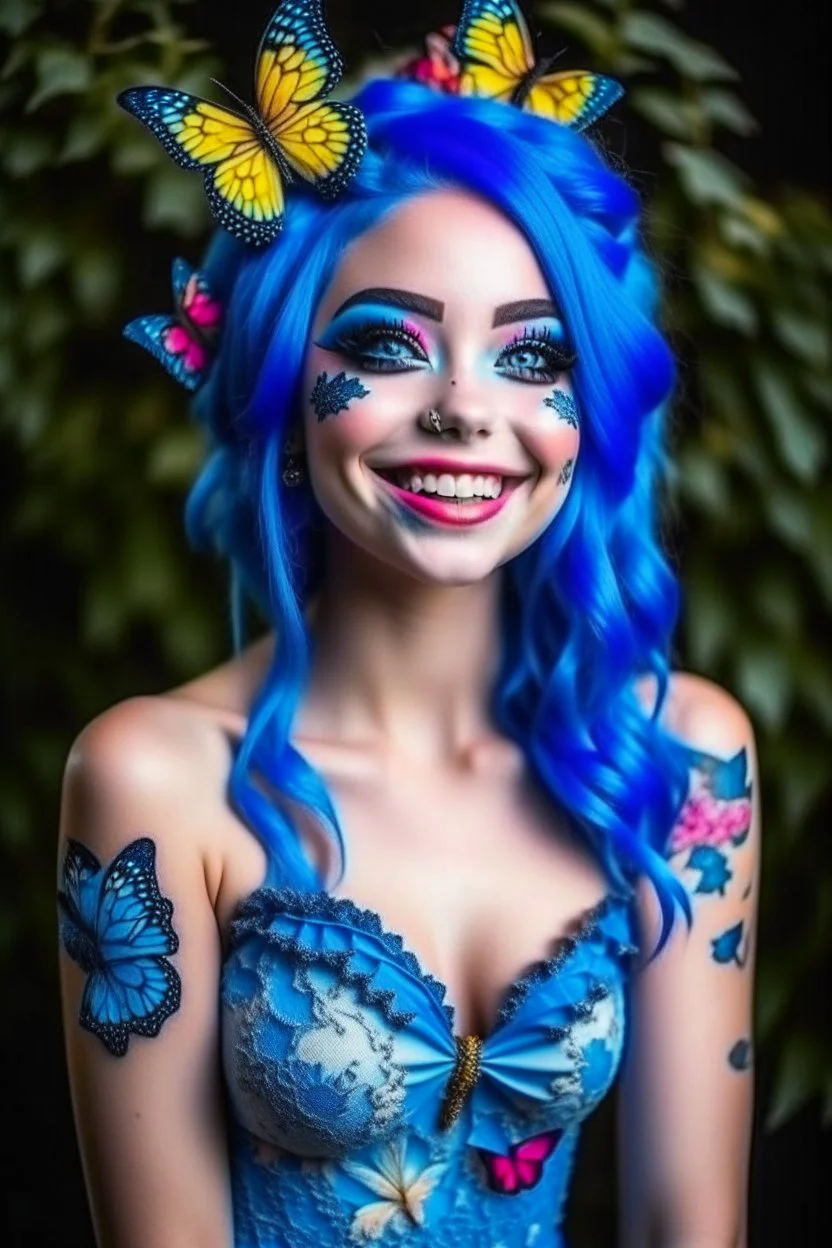 A very beautiful girl wearing cute makeup, smiling, blue hair and flowers, wearing a dress of butterflies