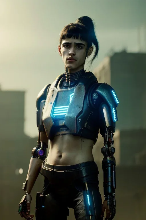 A portrait post-apocalypse cyborg Sofia Boutella in a cyberpunk city, sci-fi fantasy style, 8k, volumetric lighting, particales,highly detailed,cinematic, deep scars on face,deep colours.