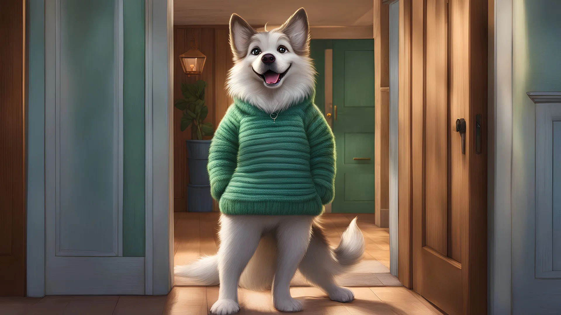 bluesclues, furry female anthro, dog girl, green striped sweater, standing, portrait, solo, (body fur:1.2), (best quality), (standing in doorway background:1.2), medium breasts, dramatic lighting, (detailed fluffy fur:1.1), looking at viewer, bottomless, tail,