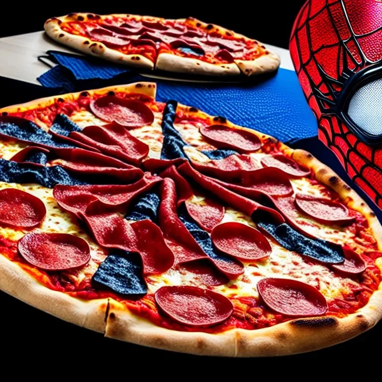 Spiderman, pizza, piano, guitar, black background