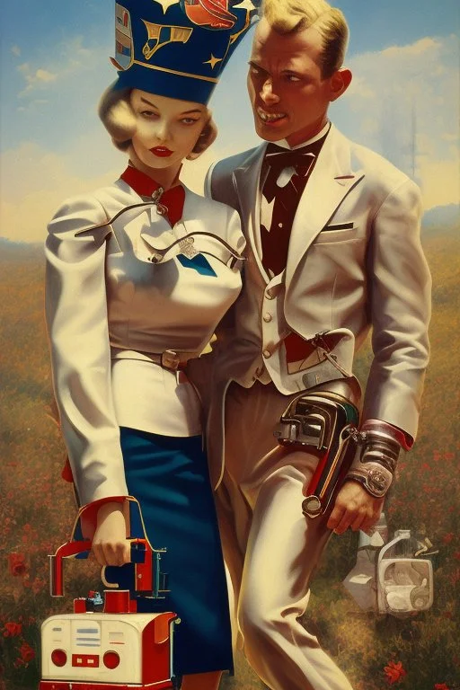 american dream painint man holding a robot wife1950s