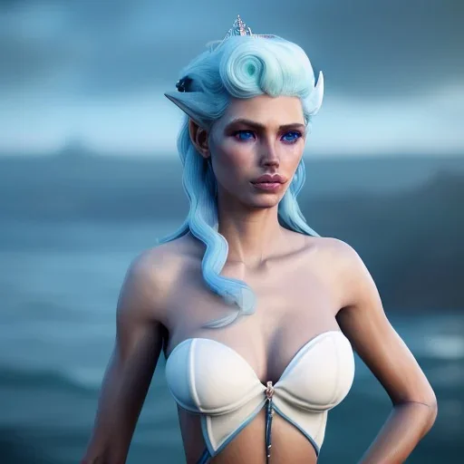 [Sea Elf] [Maormer] Queen with [white hair] and [blue skin] on a ship fantasy realism