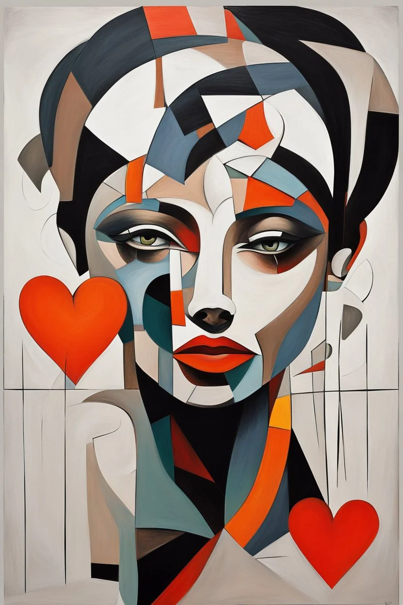 Abstract painting of a woman with a broken heart. Abstract art that does not represent an accurate depiction of visual reality, communicating instead through lines, shapes, colors, forms and gestural marks, perfect composition, cubism style