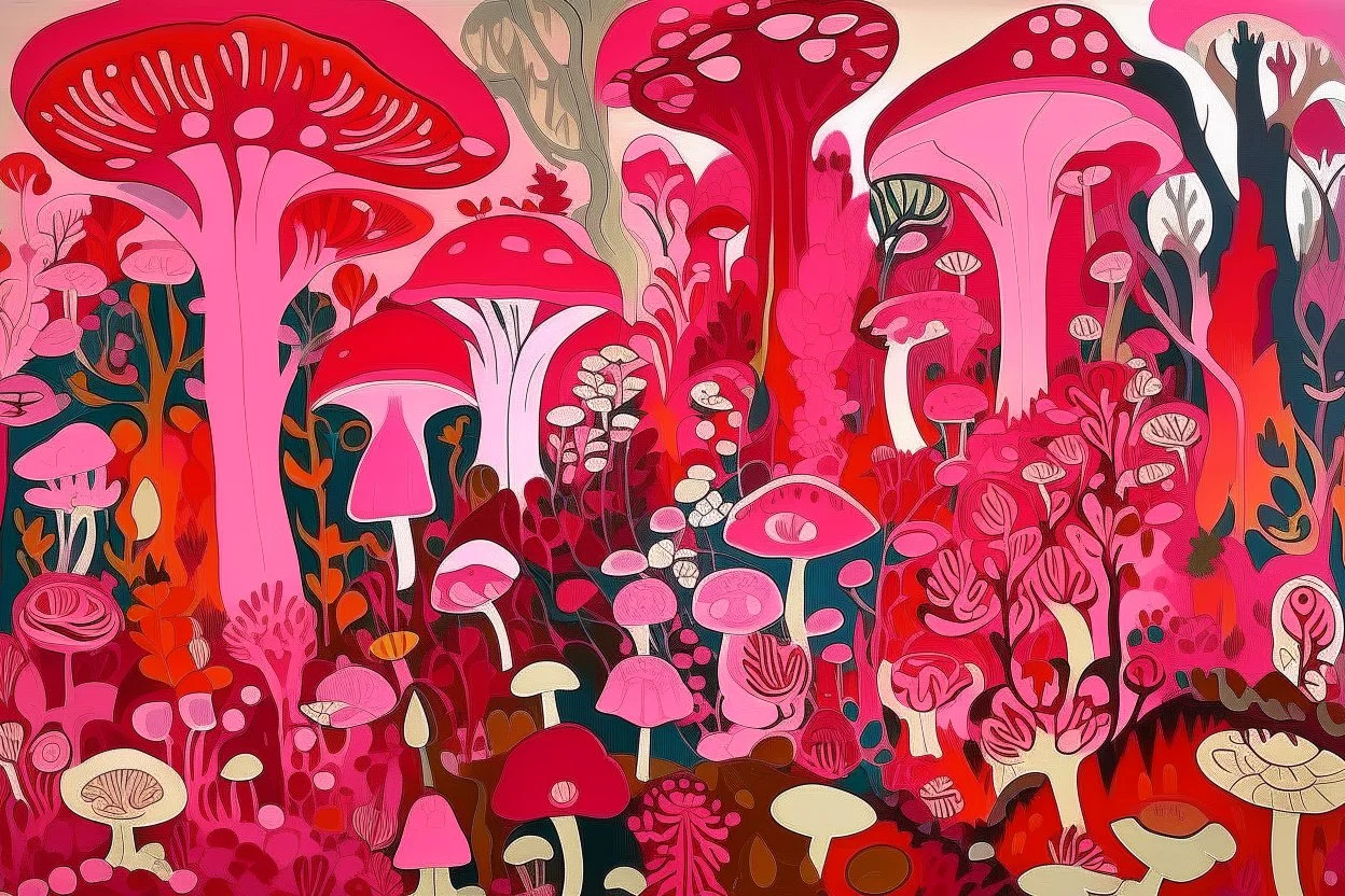 A magenta forest filled with mushrooms and fungus designed in medieval tapestry painted by Henri Matisse