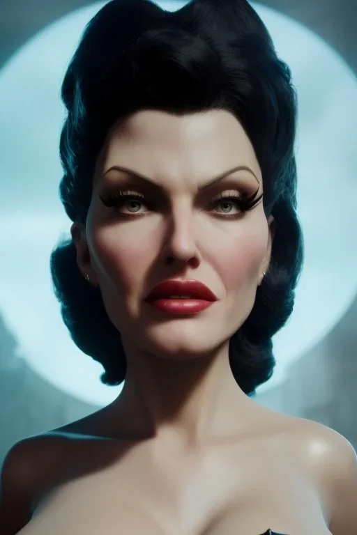 Rita Hayworth as evil queen in black leather, busty, cleavage, curvy, angry, stern look. character design by cory loftis, fenghua zhong, ryohei hase, ismail inceoglu and ruan jia. unreal engine 5, artistic lighting, highly detailed, photorealistic, fantasy