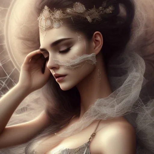 woman asleep on satin pillow with spiderwebs on face and mascara running down face, gothic, 8k, high-quality, fine-detail, intricate, sharp, crisp, digital art, detailed matte, illustration, octane render, brian froud, howard lyon, Anne Dittman, Anne Stokes, Lisa Parker, Selina French