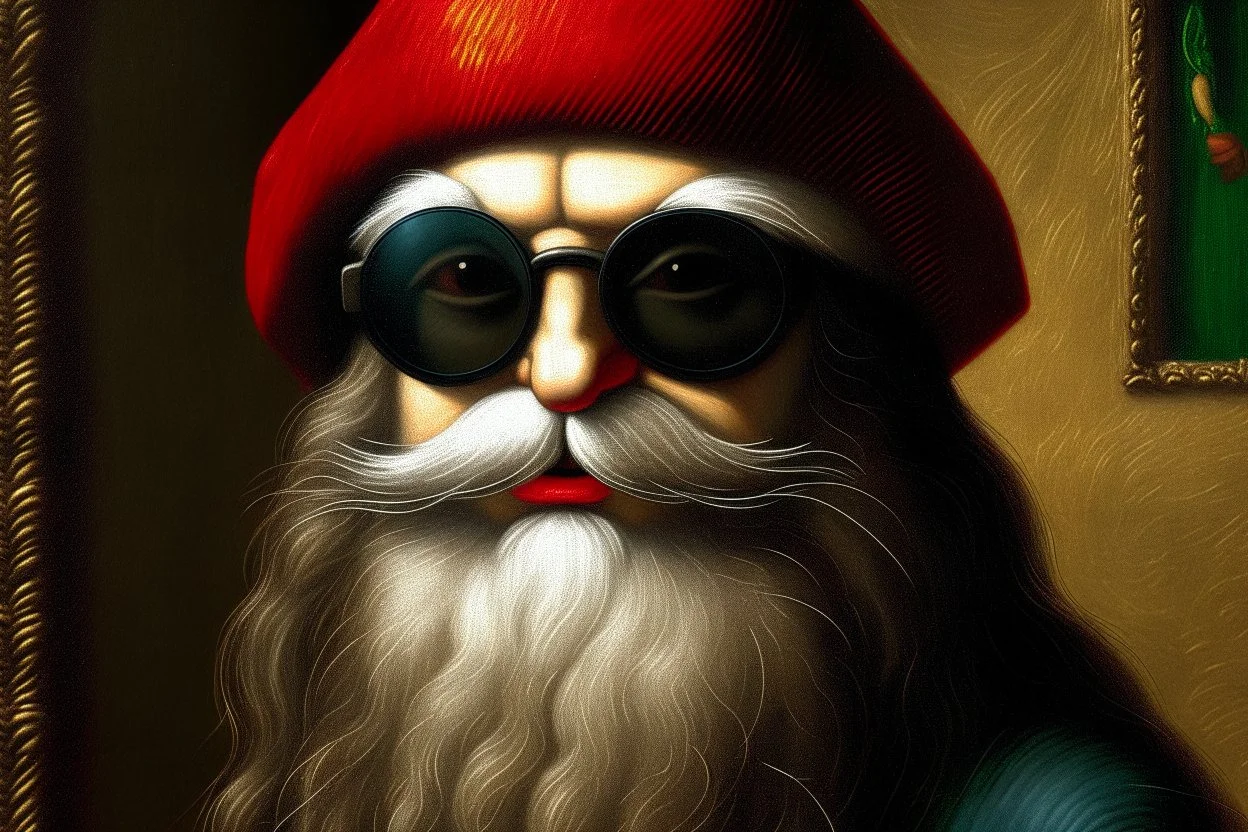 the leonardo gioconda with sunglasses, with mustaches and a xmas hat