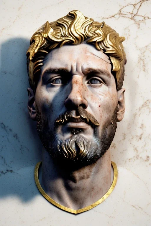 Ultra Realistic image, Roman sculpture, white marble material, Lionel Messi, gold Laurel leaves wreath, renaissance ornaments, one gold star in heart, chisel style, waist up portrait, epic, celestial, cinematic lighting, God light, god rays, 4k resolution, smooth details, ornate details, soft lighting, unreal engine 5, artstation, marble background.