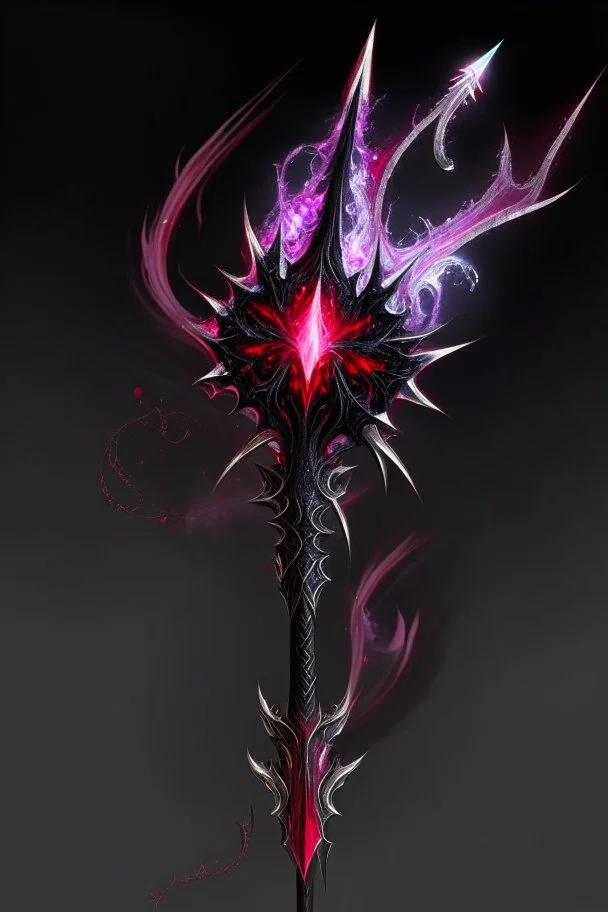 A sorceress evil staff that is a mix colors of red and black crystals and sharp edges, with black aura swirling around it