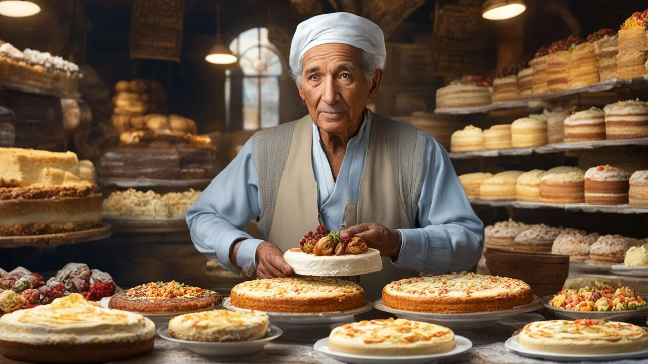 elderly male market trader selling many different types of cake, showing his head and upper body, perfect eyes, perfect anatomy, exquisite composition, beautiful detailed intricate detailed octane render, 8k artistic photography, photorealistic, soft natural volumetric cinematic perfect light, chiaroscuro, award-winning photograph, masterpiece, raphael, caravaggio, bouguereau