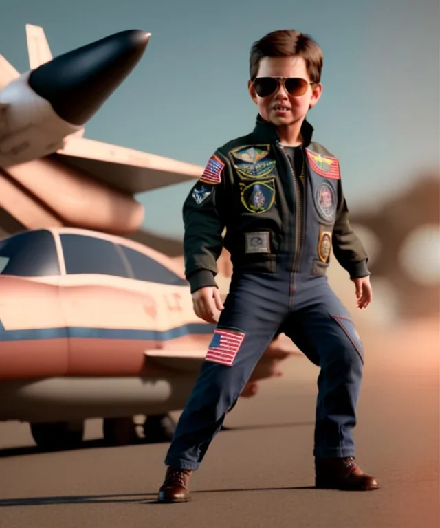 Top gun, Tom cruise toddler, full body, dramatic lighting, hyper realistic