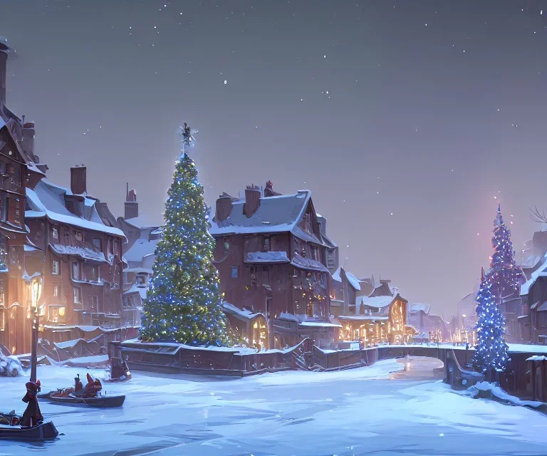 A magical snowy town with river canals and a Christmas tree