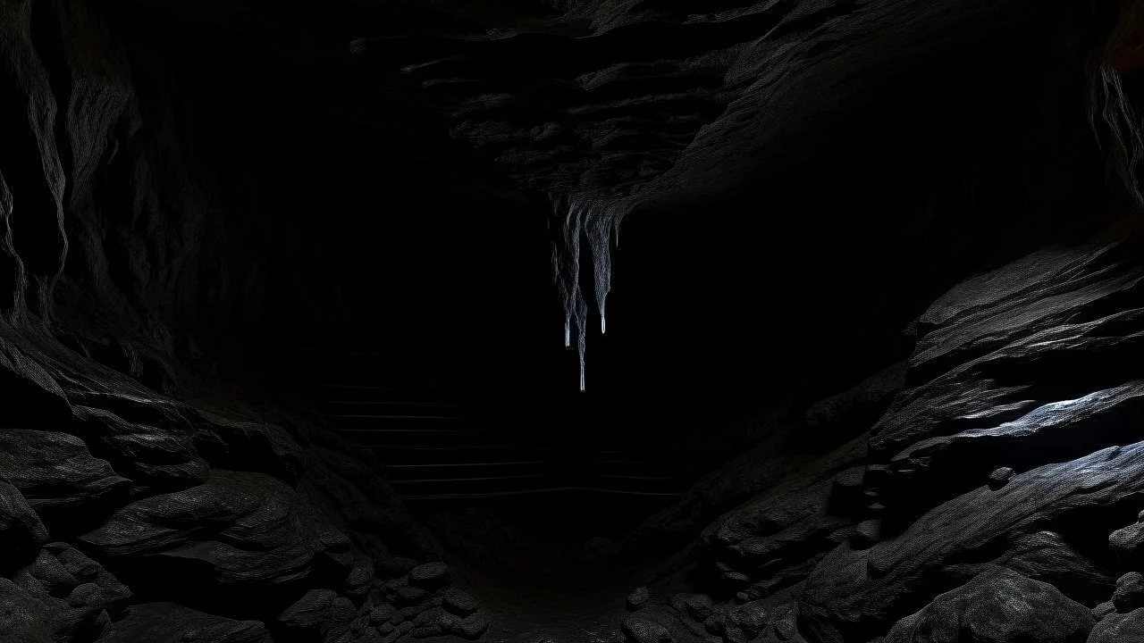 dark rock cave, looking upward as the cave continues upward. waterworks are used to deliver mined ore from the top of the cave down to the bottom, lined by a small dam, in the style of jordan grimmer