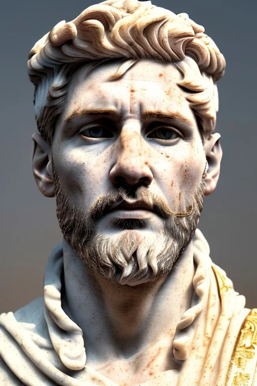 Realistic image, Roman sculpture made in white marble with gold veins, Lionel messi with gold halo crown, two blue brushes, decorative star on the chest, waist up portrait, marble material, gold ornaments, Baroque style, sun rays background, epic, celestial, cinematic lighting, God lights, 4k resolution, smooth details, soft lighting, unreal engine 5, art station, substance 3d.