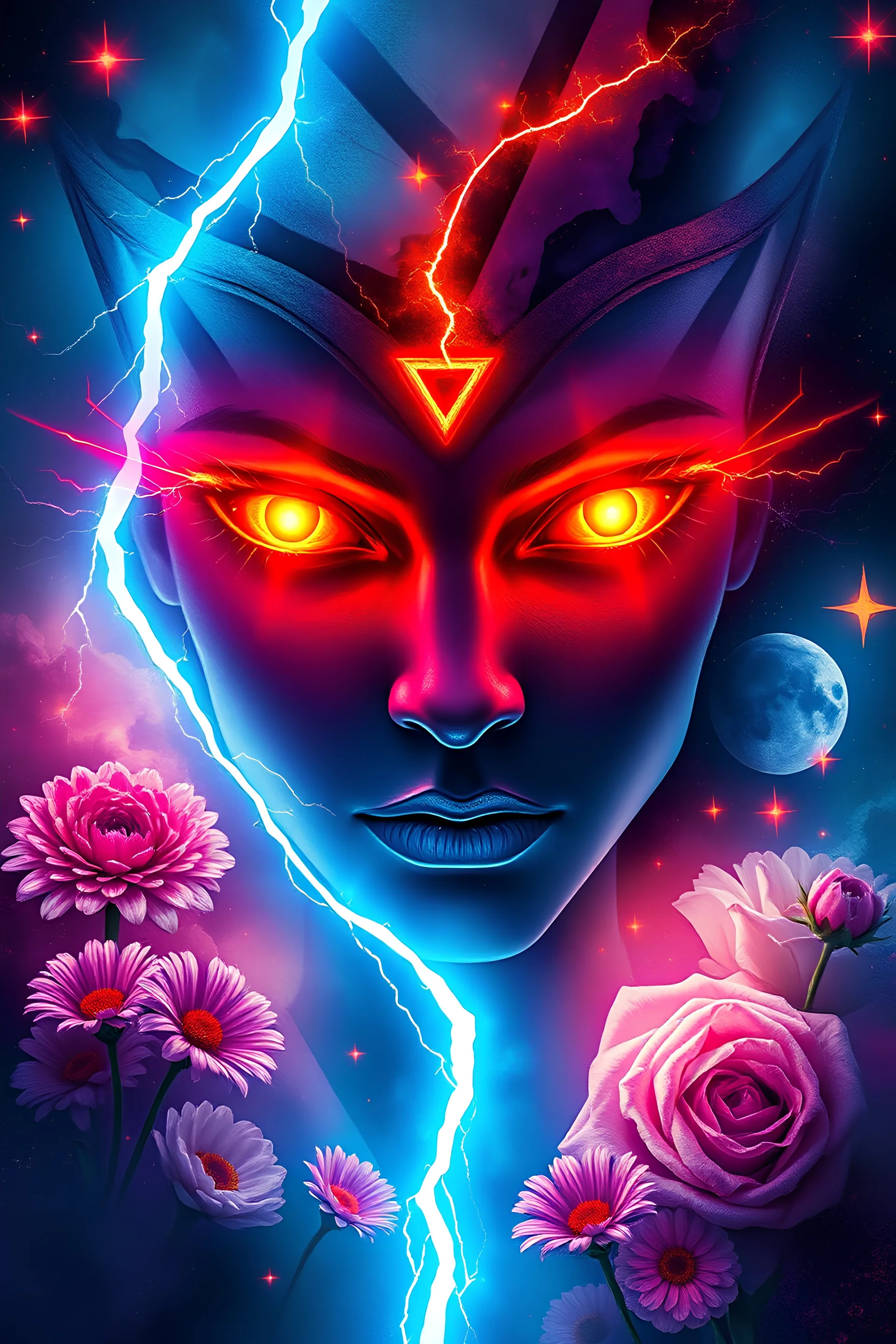 neon, abstract, amazing shadow and lightning, 4k, cinematic, glowing eyes, cosmic, face, dream, space, stars, amazing, art, glowing, fire, fantasy, crazy, ultimate, club, insane, digital painting, watercolor, flowers, pagan, runes