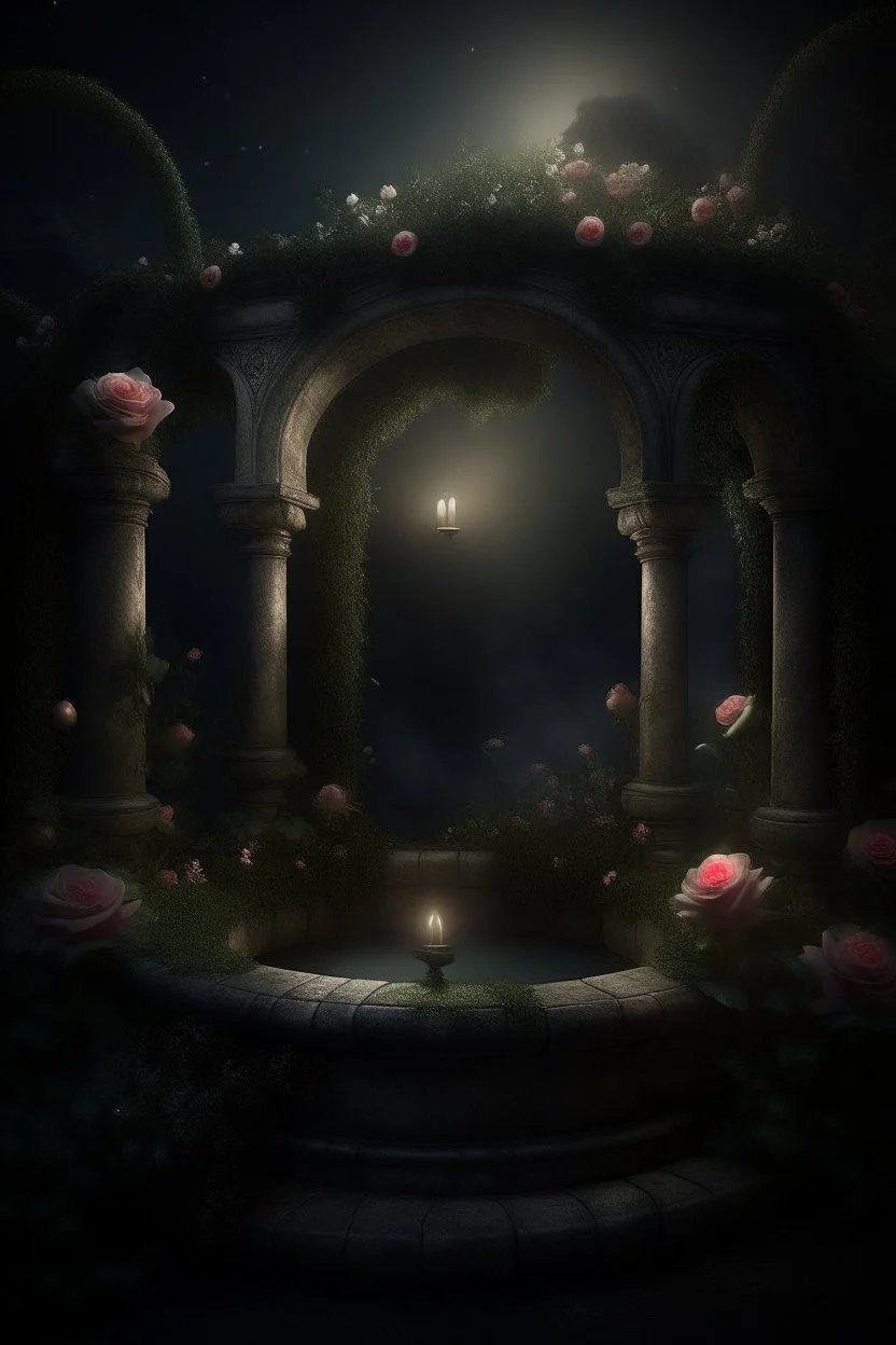 magical overgrown secret garden, roses, ivy, fountain, twilight, moon, stars dark tones, warm tones