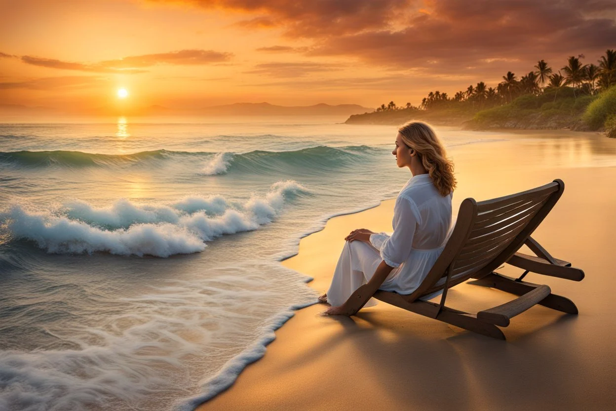 A woman is sitting on the beach near the ocean, with the waves soothing backdrop, peaceful and relaxing atmosphere, sunset, detalied, high textures, photorealistic