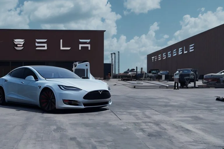 A Tesla 'Model S' is parked, in the 'Kennedy Space Center' in Florida. (CINEMATIC, WIDE ANGLE LENS, PHOTO REAL)