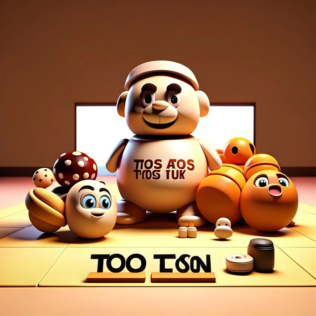 A Potato game with text "toss around a plush toy" with props and parts, product, 3d rendering, typography, fashion, cinema, illustration, anime