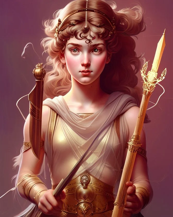 Portrait of young God Athena holding a Magic Staff by Alex Ross, Disney, CGSociety, Carne Griffiths, Leonardo DaVinci, James Christensen character design, digital illustration, detailed sky background, Norman Rockwell, 8k resolution, Lou Xaz, cinema 4d