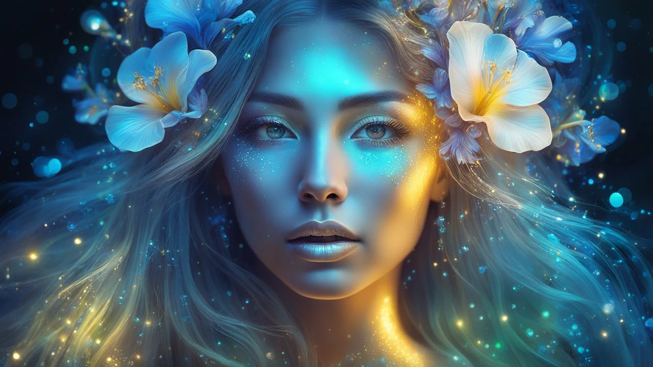 The photo is done in a bioluminescent and bioluminescent art style depicting a divine woman, Bioluminescent dewy translucent glowing skin, ethereal glowing eyes, long neck, perfect face in ultra-realistic details, flowing hair, double exposure, iris flowers, The composition imitates a cinematic film with dazzling, golden and silver lighting effects. Intricate details, sharp focus, crystal clear skin create high detail. 3d, 64k, high resolution, high detail, computer graphics, hyperrealism, f/16,