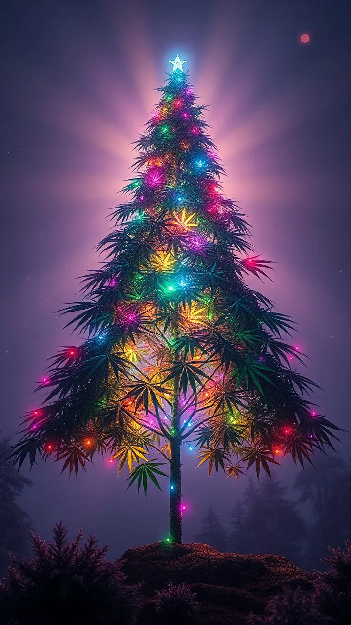 created an image of an extraterrestrial hemp Christmas tree hyperrealistic, ultra HD, in 8K, The tree is rare and extraña, no one sees what you see in the tree, Tiene rare colors that mix fluorescence and bioluminescence, in all the paleta of colors, its extra colors, its tall filaments of pilosos that parecen cobrar vida. The tree creates an alien forest, illuminated by a warm ray of light. Destaca the extraterrestrial environment and the hojas de la hierba.Style: Hi