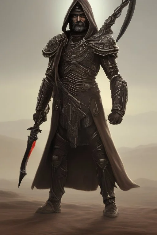 farsi man is the god of power and evil The commander wears a black cloak and a long coat with long combat boots and a long spear with a hat under his cloak with blue flame eyes, a sword like a spear The sun in the palm of a brave man in the middle of the desert A battle iron suit with the ability to fly, made for humans