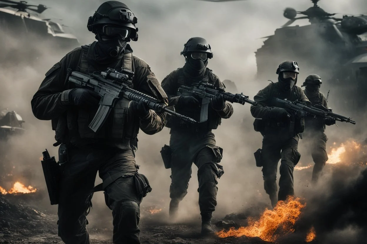 A hyper-realistic,soldiers wearing black advance futuristic equipment in a war zone fighting against hords of zombies with helicopters, Photo Real, 8k